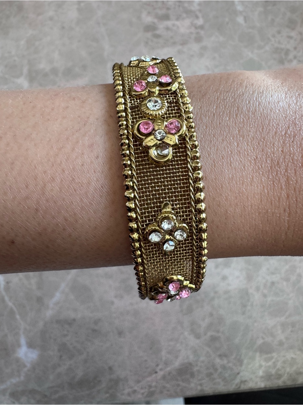 Gold Mesh Bangle Bracelet Pink Rhinestone Flower Cuff